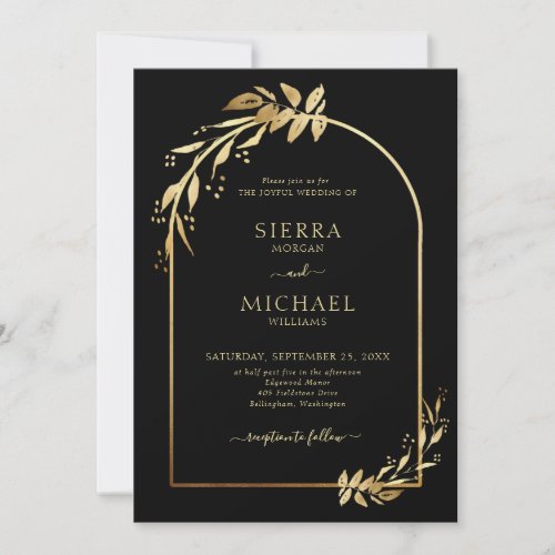 Chic Black Golden Eucalyptus Foliage Wedding Arch Invitation
