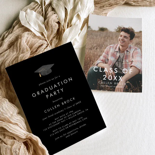 Chic Black Grad Cap Class of 2024 Photo Grad Party Invitation | Zazzle