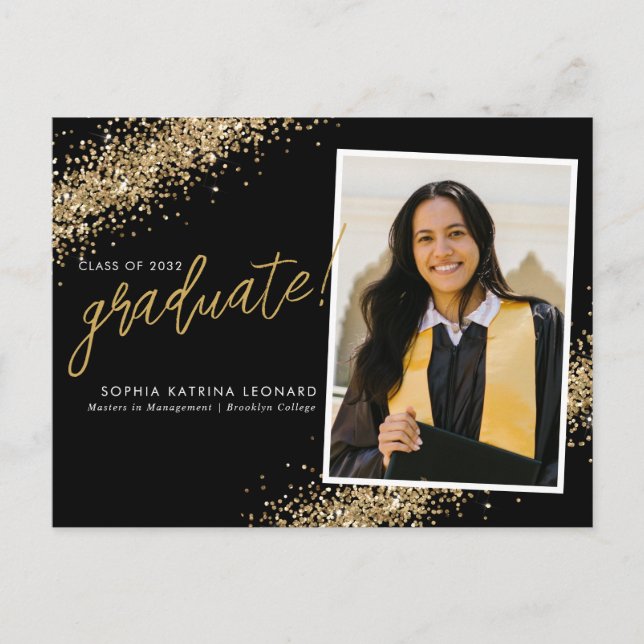 Chic Black Graduate Gold Glitter Photo Graduation Announcement Postcard (Front)