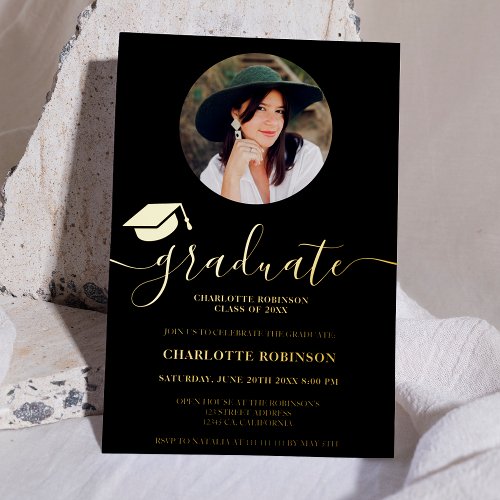 Chic black graduate script photo graduation foil invitation