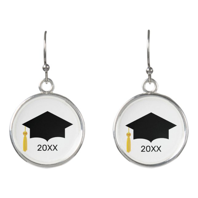 Chic Black Graduation Cap on White Earrings (Front)