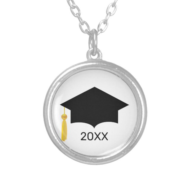 Chic Black Graduation Cap on White Silver Plated Necklace (Front)