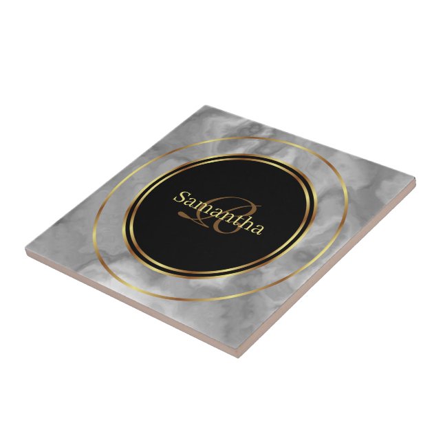 Chic Black Gray Gold Circles Marble Ceramic Tile (Side)
