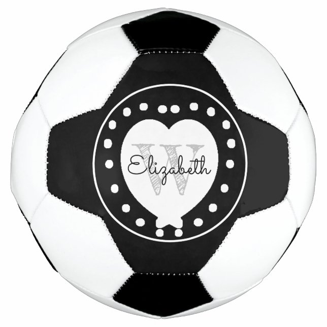 Chic Black Gray Initial Monogram White Heart Soccer Ball (Front)