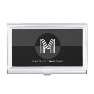 Chic Black Gray White Geometric Modern Monogram Business Card Case