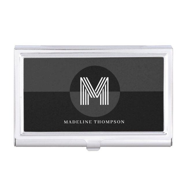 Chic Black Gray White Geometric Modern Monogram Business Card Case (Front)