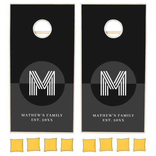 Chic Black Gray White Geometric Modern Monogram Cornhole Set