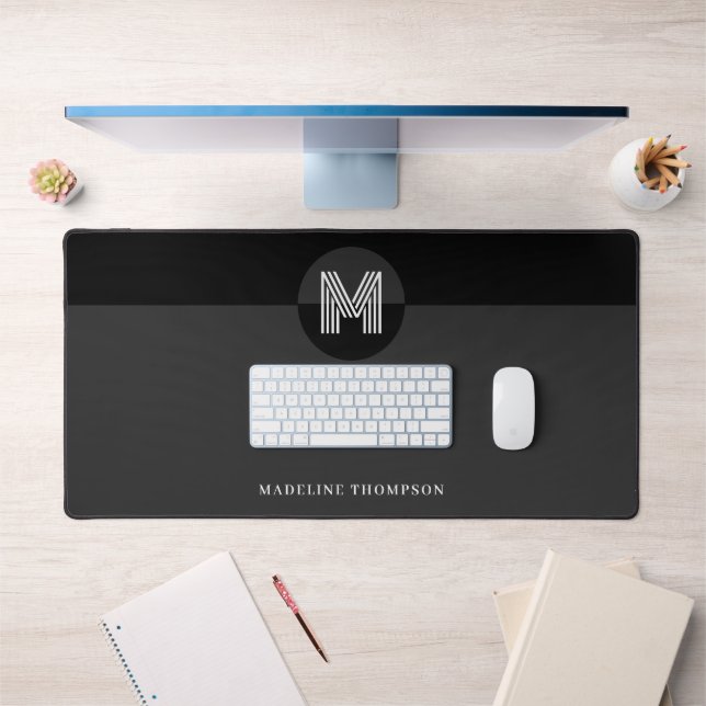 Chic Black Gray White Geometric Modern Monogram Desk Mat (Office 1)