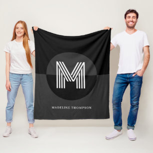 Chic Black Gray White Geometric Modern Monogram Fleece Blanket
