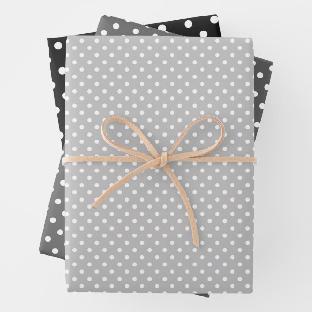 Chic Black Gray White Polka Dots Pattern Wrapping Paper Sheets (In situ)