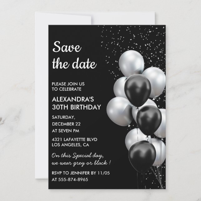 Chic Black Grey Balloon 30th Save the Date  Invitation (Front)