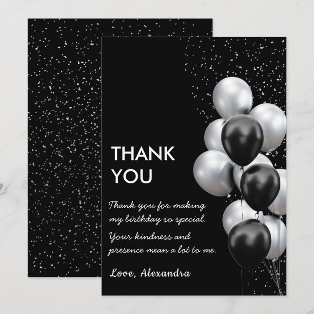 Chic Black Grey Balloon  Thank You Card (Front/Back)