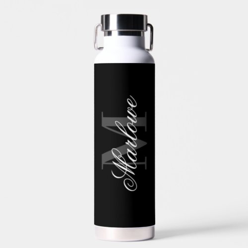 Chic Black Grey Monogram Calligraphy Water Bottle