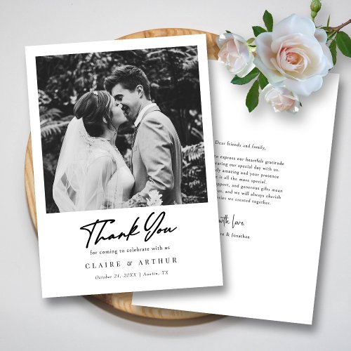 Chic Black Hand Lettered Signature Wedding Photo Thank You Card