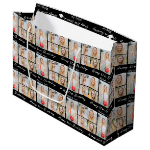 Chic Black Happy Birthday Photo Collage Large Gift Bag