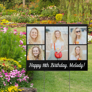 Chic Black Happy Birthday Photo Collage Party Yard Sign