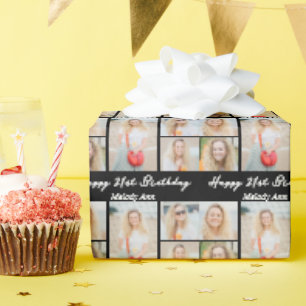 Chic Black Happy Birthday Photo Collage Wrapping Paper