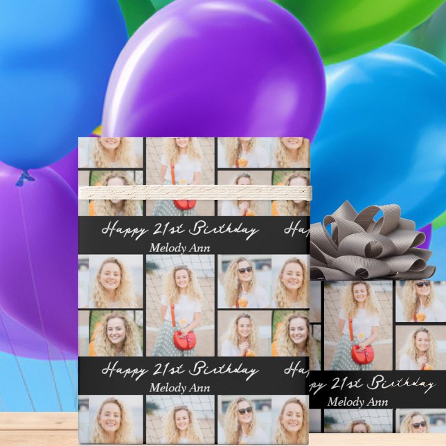 Chic Black Happy Birthday Photo Collage Wrapping Paper (Creator Uploaded)