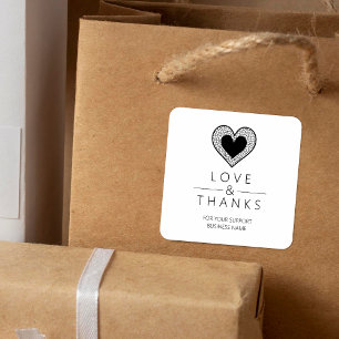 Chic Black Heart Lace Effect Love & Thanks Support Square Sticker
