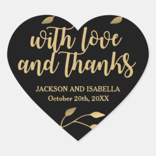 Chic Black Heart Wedding Sticker with Gold Text