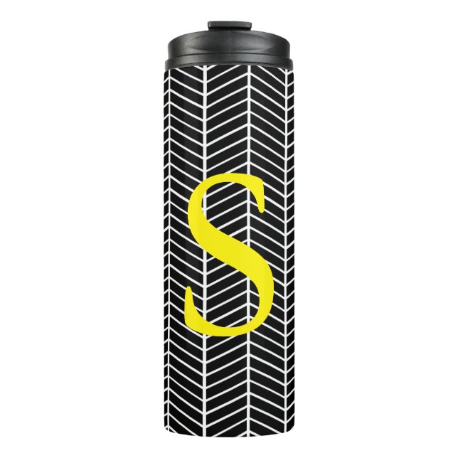 Chic Black Herringbone Chevron Zig Zag Monogram Thermal Tumbler (Front)