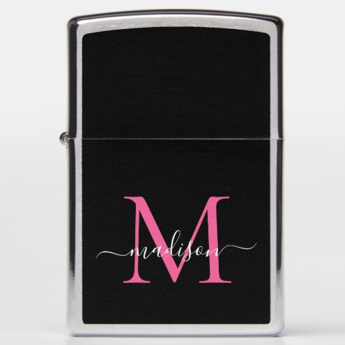 Chic Black Hot Magenta Pink Monogram Girly Script Zippo Lighter