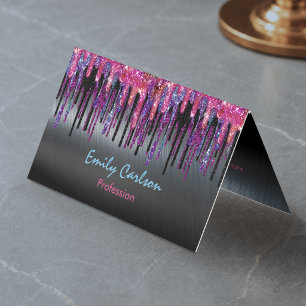 Chic black hot pink blue drips business card