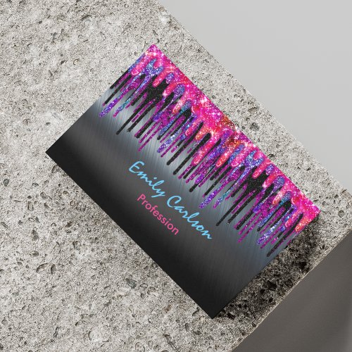 Chic black hot pink blue drips business card magnet