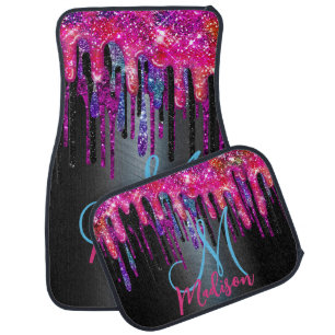 Chic black hot pink blue drips monogram car floor mat