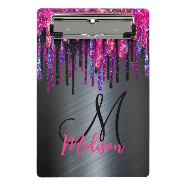 Chic black hot pink blue drips monogram clipboard (Front)