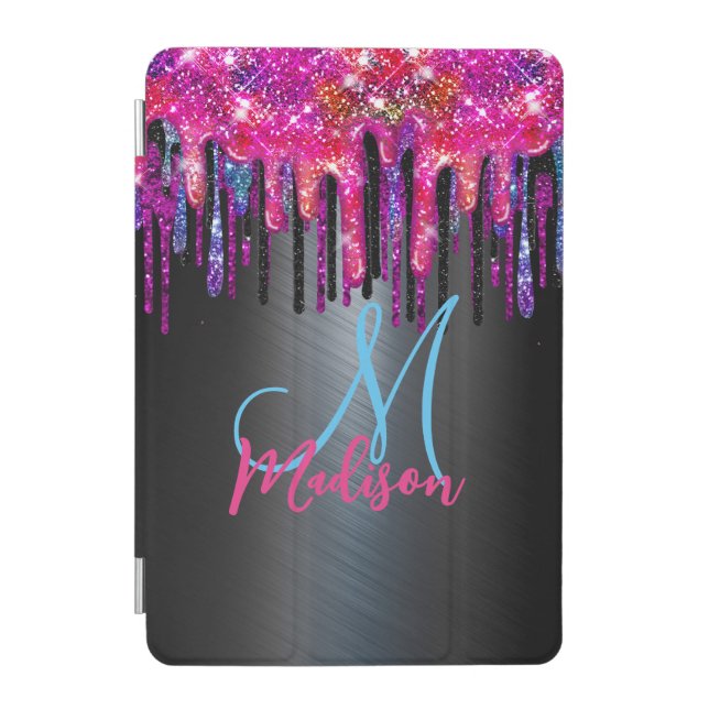 Chic black hot pink blue drips monogram iPad mini cover (Front)