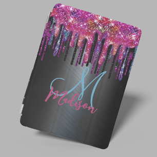 Chic black hot pink blue drips monogram iPad mini cover