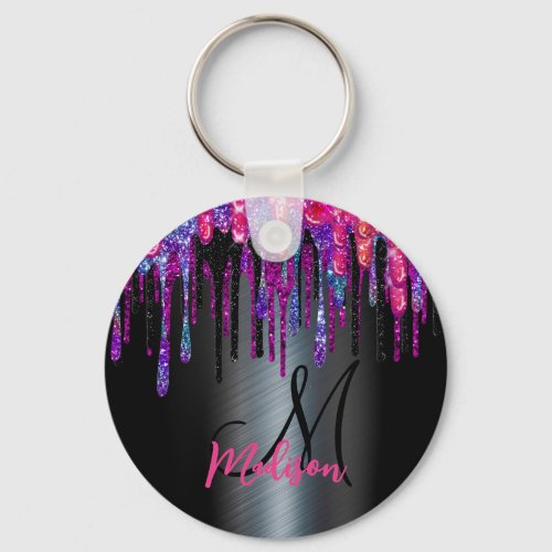 Chic black hot pink blue drips monogram keychain