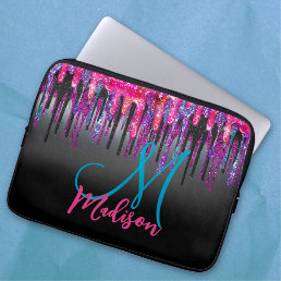 Chic black hot pink blue drips monogram laptop sleeve