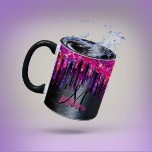 Chic black hot pink blue drips monogram mug