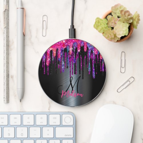 Chic black hot pink blue drips monogram wireless charger 