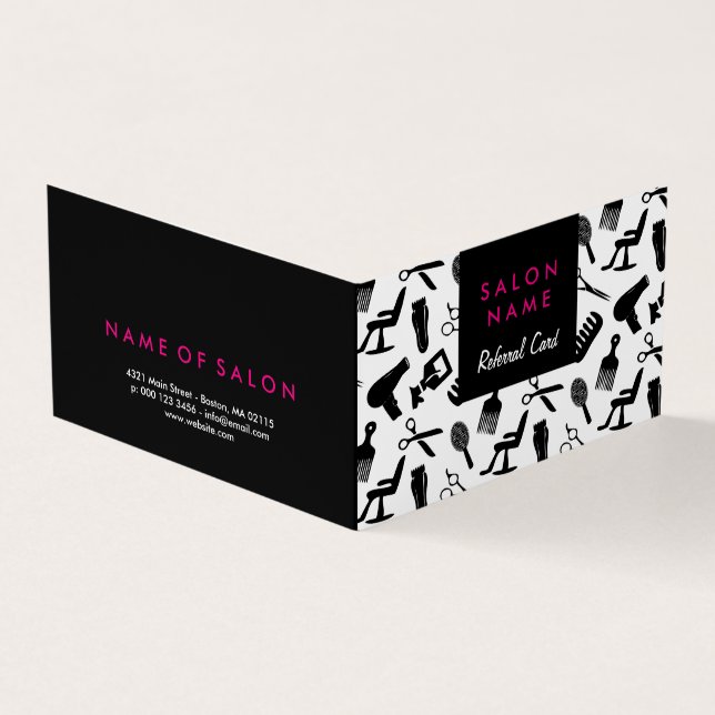 Chic Black & Hot Pink Hair Salon Referral Card (Outside)