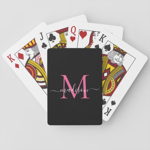 Chic Black Hot Pink Monogram Stylish Script Name Poker Cards
