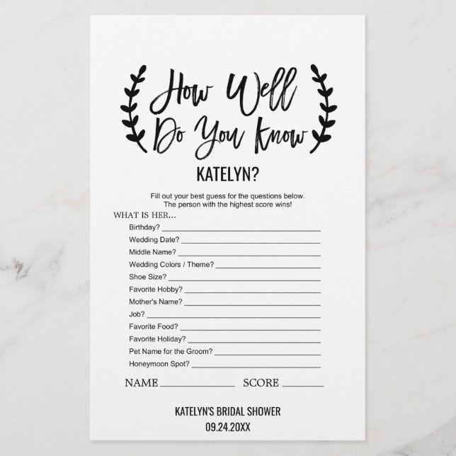 Chic Black How Well Do You Know The Bride Game Flyer (Front)