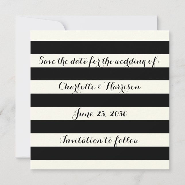 Chic black ivory stripes Save the date card (Front)
