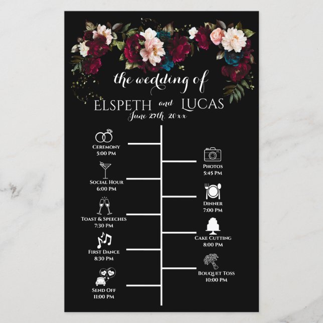 Chic black, Jewel-Toned Wedding Timeline Program (Front)