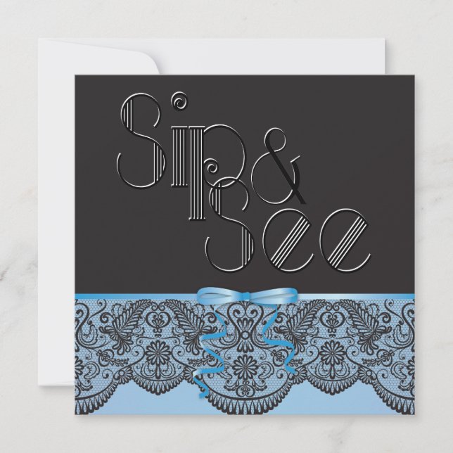 Chic Black Lace and Blue Sip and See Invitation (Front)