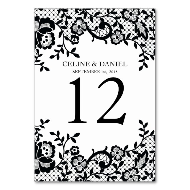 Chic Black Lace Personalized Wedding Table Number (Front)