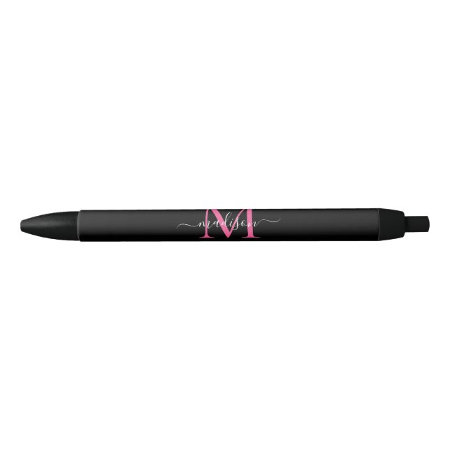 Chic Black Magenta Pink Monogram Script Name Pen (Front)
