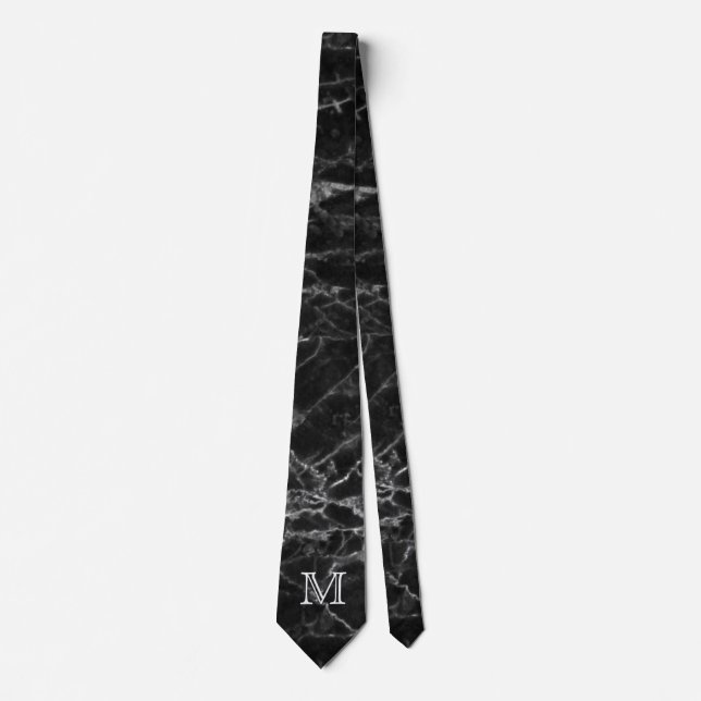 Chic Black Marble Pattern Modern Monogram Neck Tie (Front)