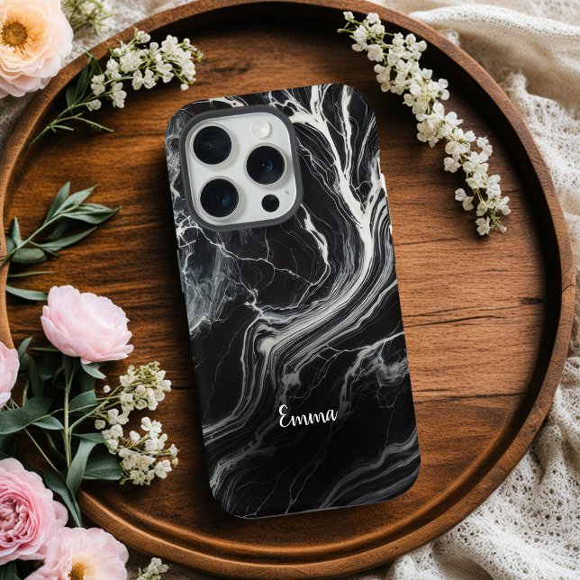 Chic Black Marble Personalized iPhone Case  (Creator Uploaded)