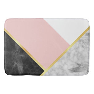 Chic Black Marble Pink Color Block and Gold Stripe Bath Mat