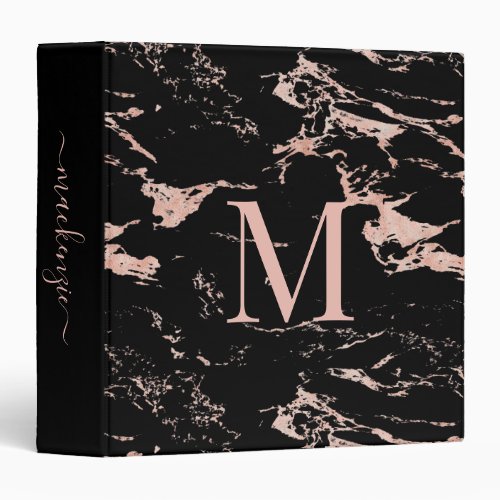 Chic Black Marble Rose Gold Foil Monogram 3 Ring Binder