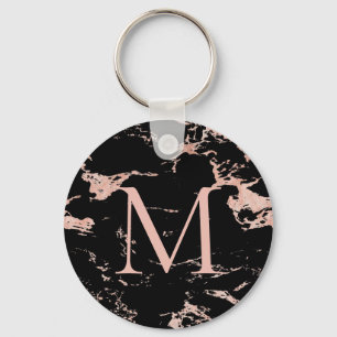 Chic Black Marble Rose Gold Foil Monogram Keychain
