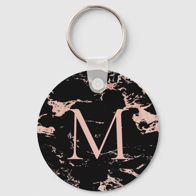 Chic Black Marble Rose Gold Foil Monogram Keychain (Front)